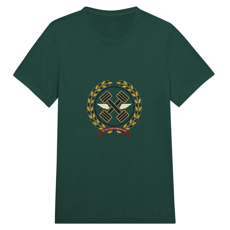 Suitcase Strength unisex triblend tee for travelling professionals, printed with a gold laurel-wreath crest with navy crossed dumbbells, cream aviator wings and a SUITCASE STRENGTH ribbon — product photo 3 of 19
