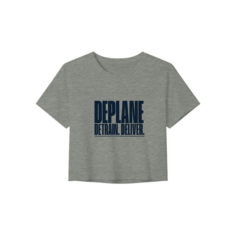 Deplane. Detrain. Deliver. crop tee, Dumbbells and Hotels, colorway flat lay