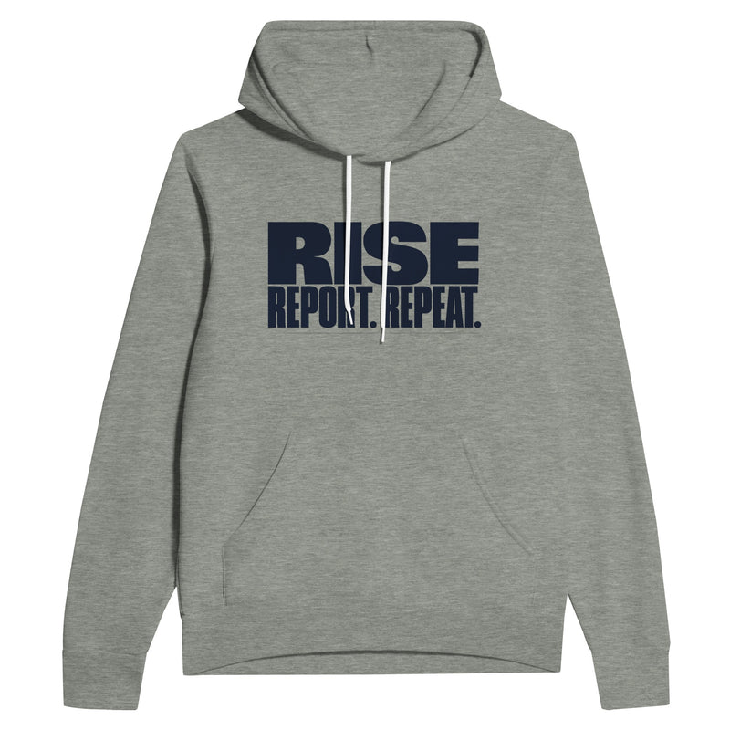 Rise. Report. Repeat. Hoodie | Dumbbells & Hotels - Rise. Report. Repeat. design, hoodie product photo