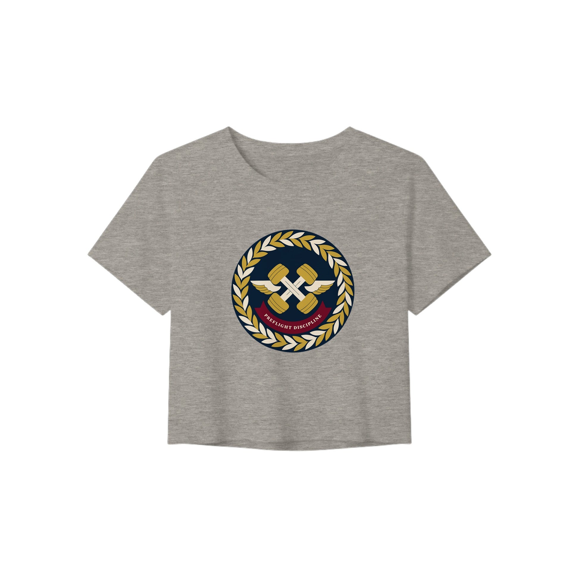 Preflight Discipline winged-dumbbell crest with laurel wreath on a women's crop tee by Dumbbells & Hotels — view 1 of 7
