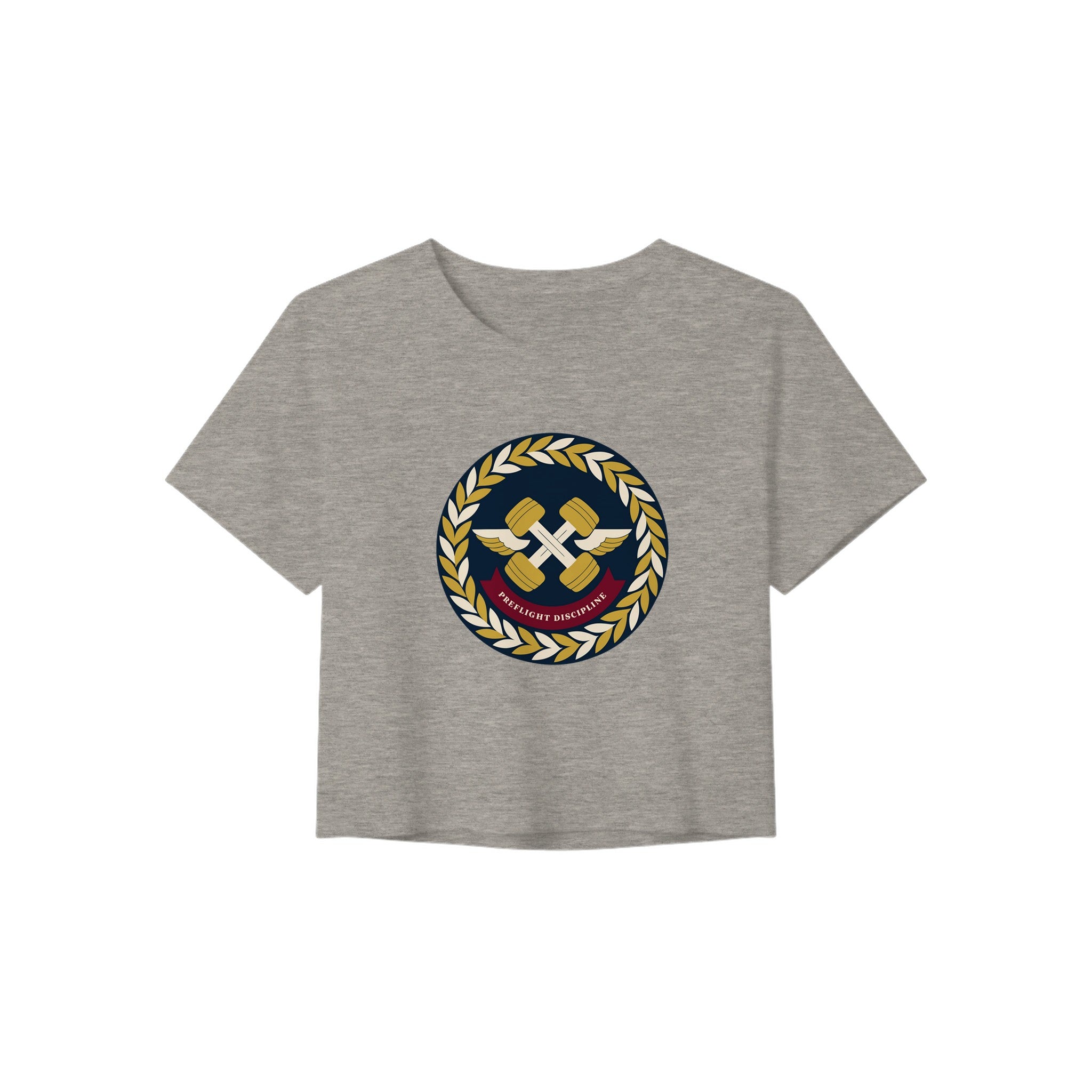 Preflight Discipline winged-dumbbell crest with laurel wreath on a women's crop tee by Dumbbells & Hotels — view 1 of 7
