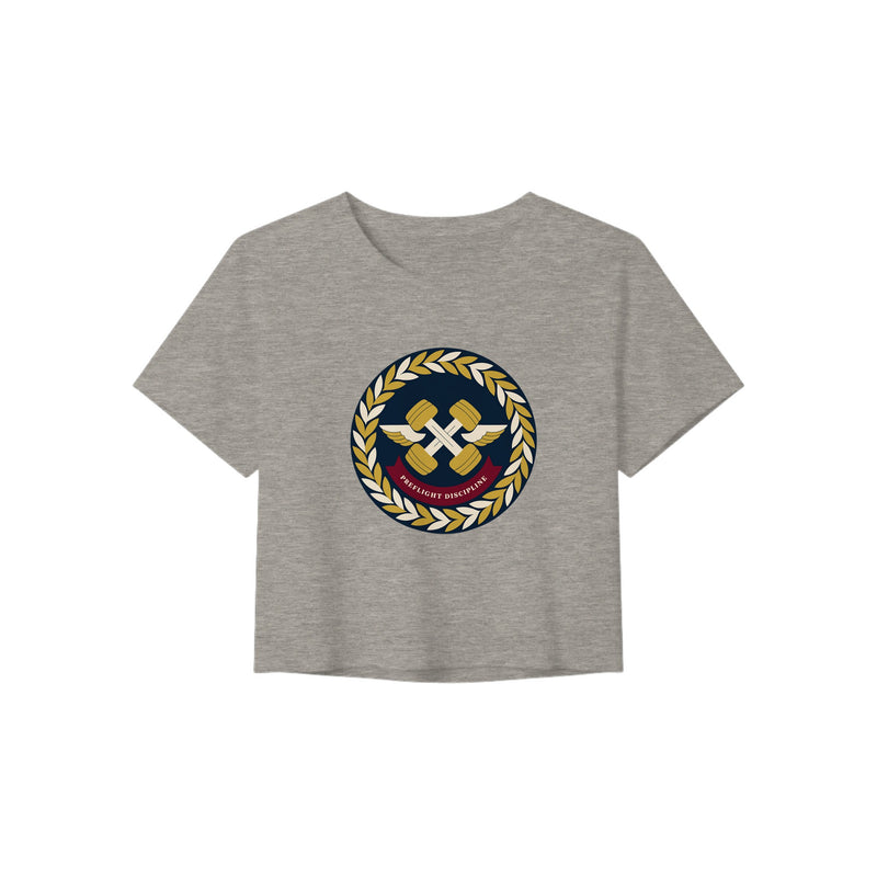 Preflight Discipline winged-dumbbell crest with laurel wreath on a women's crop tee by Dumbbells & Hotels — view 1 of 7