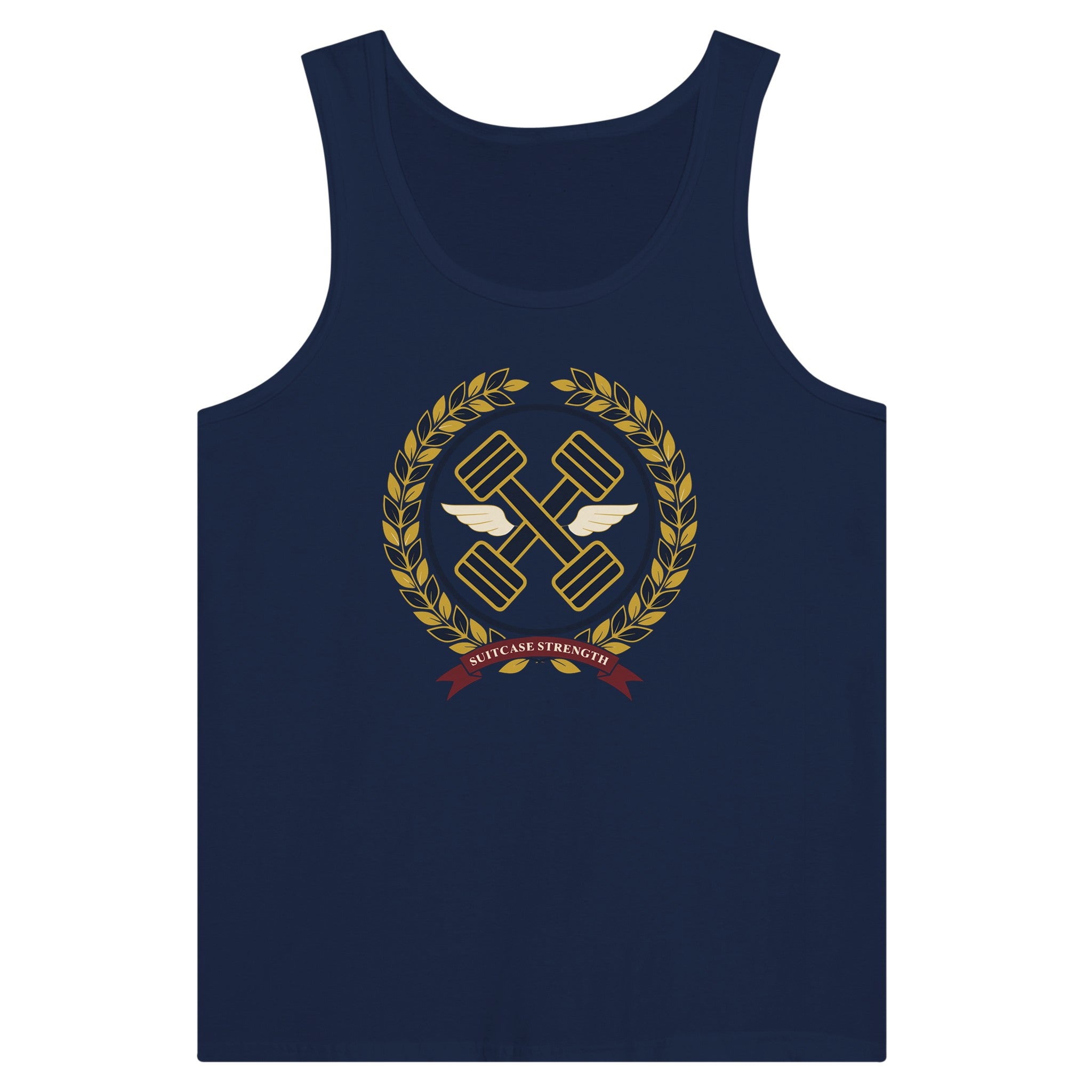 Suitcase Strength unisex premium tank top for travelling professionals, printed with a gold laurel-wreath crest with navy crossed dumbbells, cream aviator wings and a SUITCASE STRENGTH ribbon — product photo 11 of 18