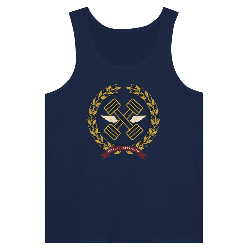 Suitcase Strength unisex premium tank top for travelling professionals, printed with a gold laurel-wreath crest with navy crossed dumbbells, cream aviator wings and a SUITCASE STRENGTH ribbon — product photo 11 of 18