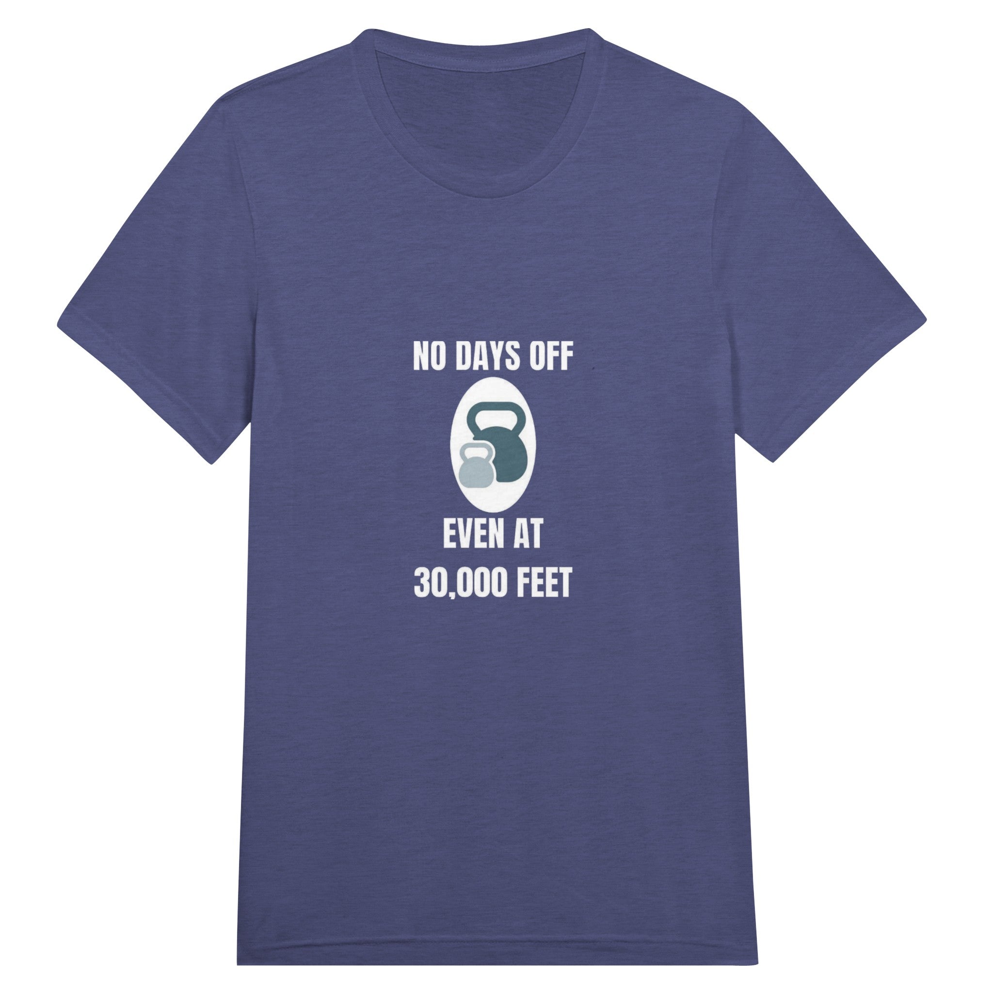 No Days Off Even at 30,000 Feet unisex triblend tee in Triblend Navy — packable travel training apparel from Dumbbells & Hotels