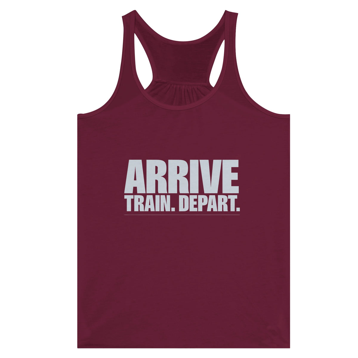 Arrive. Train. Depart. Racerback | Dumbbells & Hotels - Arrive. Train. Depart. design, racerback product photo