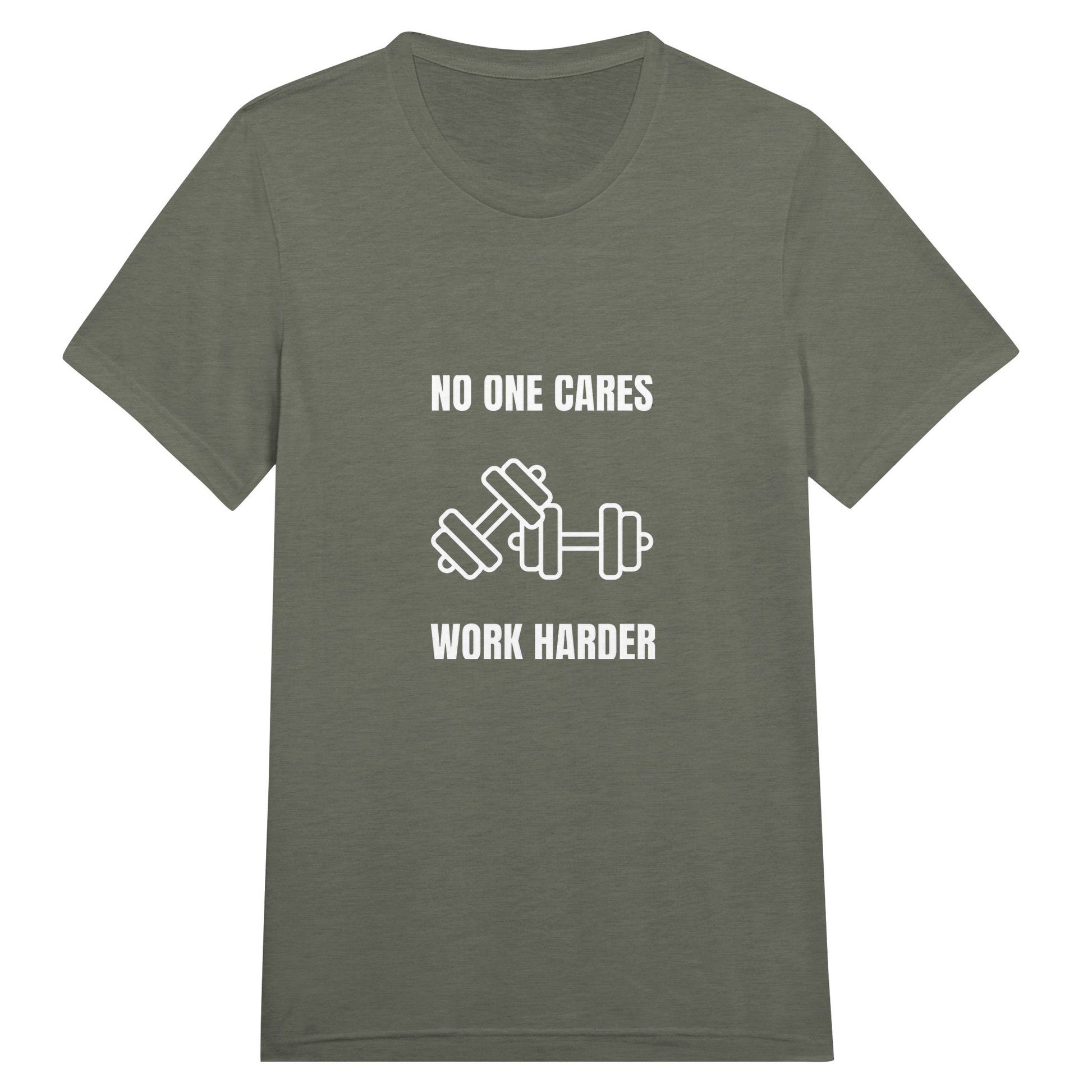 unisex triblend travel tee with white No One Cares. Work Harder. crossed-dumbbells print, styled for hotel gym training