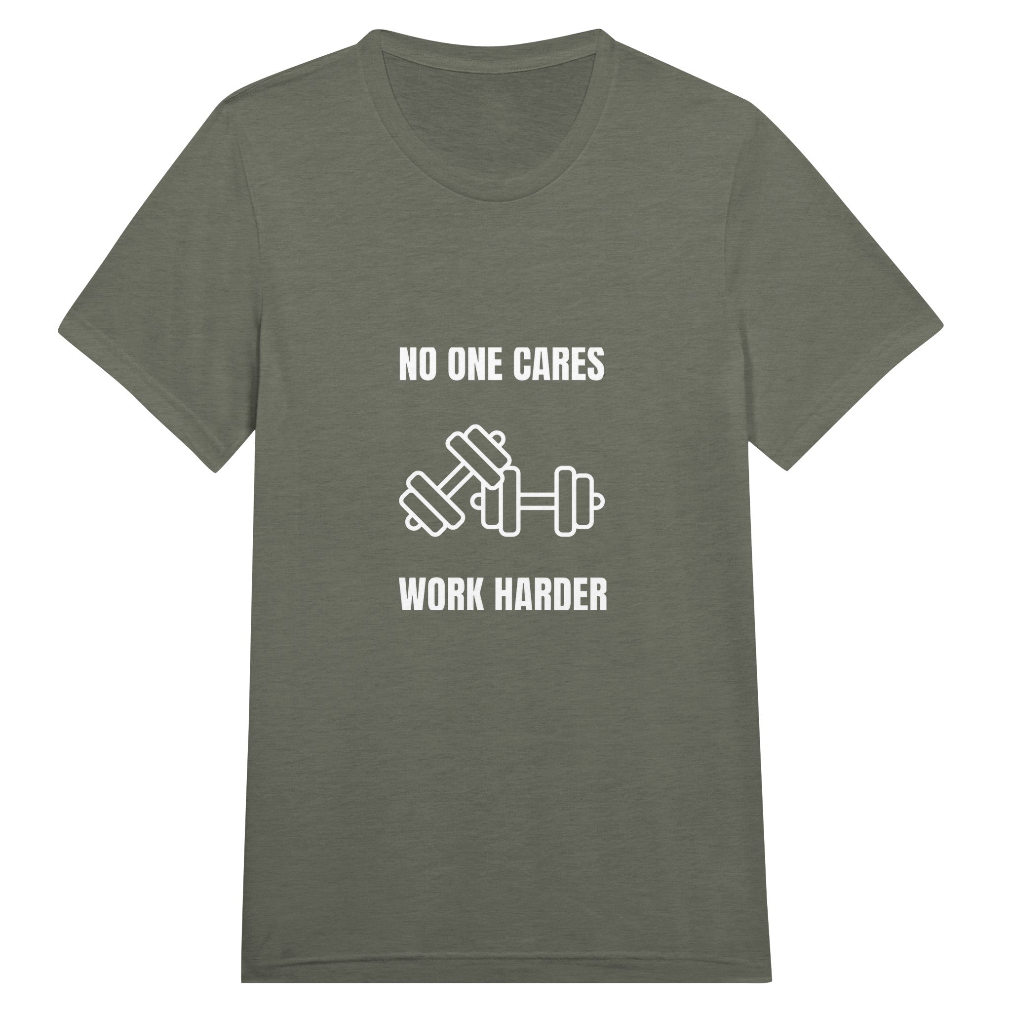 unisex triblend travel tee with white No One Cares. Work Harder. crossed-dumbbells print, styled for hotel gym training