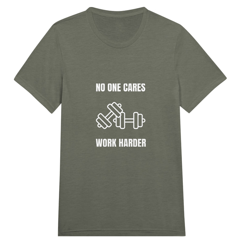 unisex triblend travel tee with white No One Cares. Work Harder. crossed-dumbbells print, styled for hotel gym training