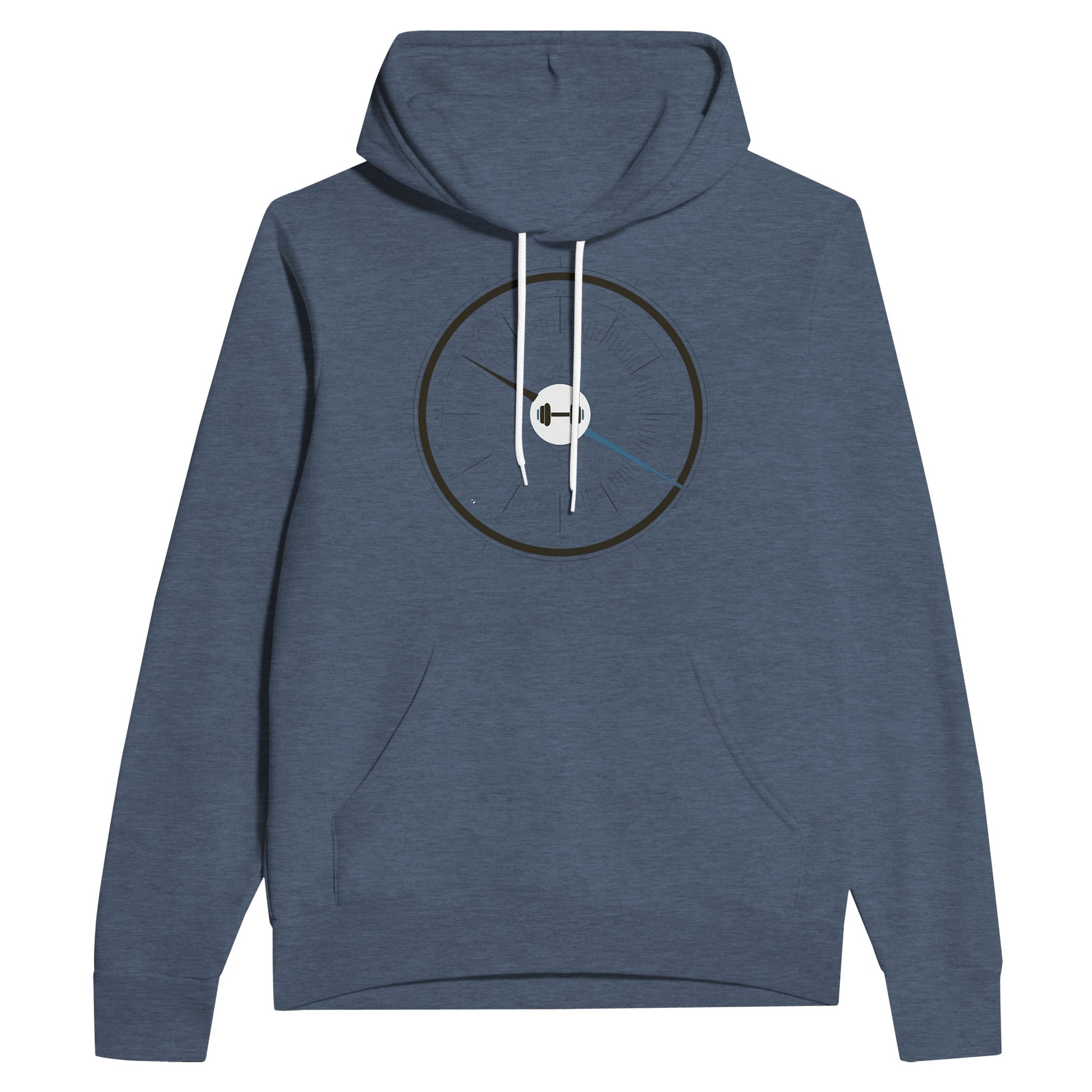 Close-up of the Bedside Manner Barbell Manner altimeter dial and dumbbell graphic on hoodie