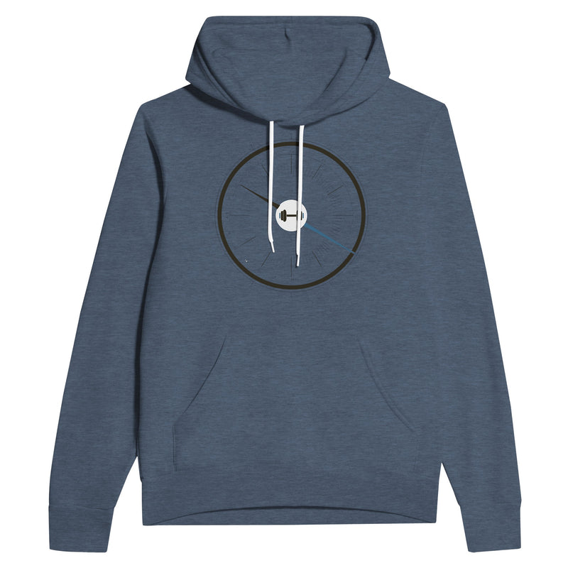 Close-up of the Bedside Manner Barbell Manner altimeter dial and dumbbell graphic on hoodie