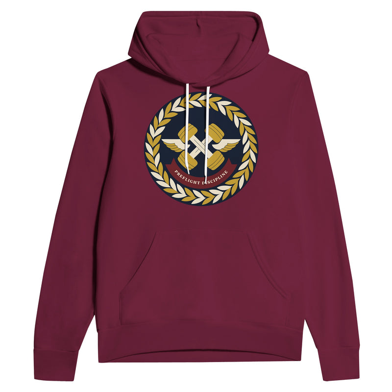 Preflight Discipline unisex pullover hoodie for travelling professionals, printed with a laurel-wreath crest with crossed dumbbells, aviator wings and a PREFLIGHT DISCIPLINE banner — product photo 8 of 12
