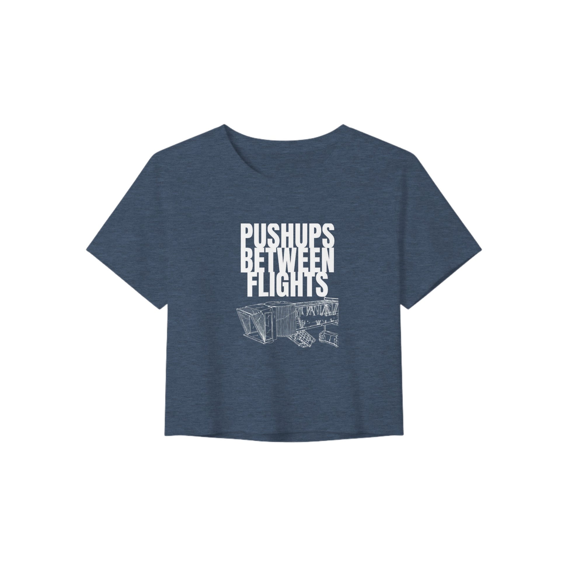 women's flowy travel crop tee with white Pushups Between Flights jet-bridge print, product view 4