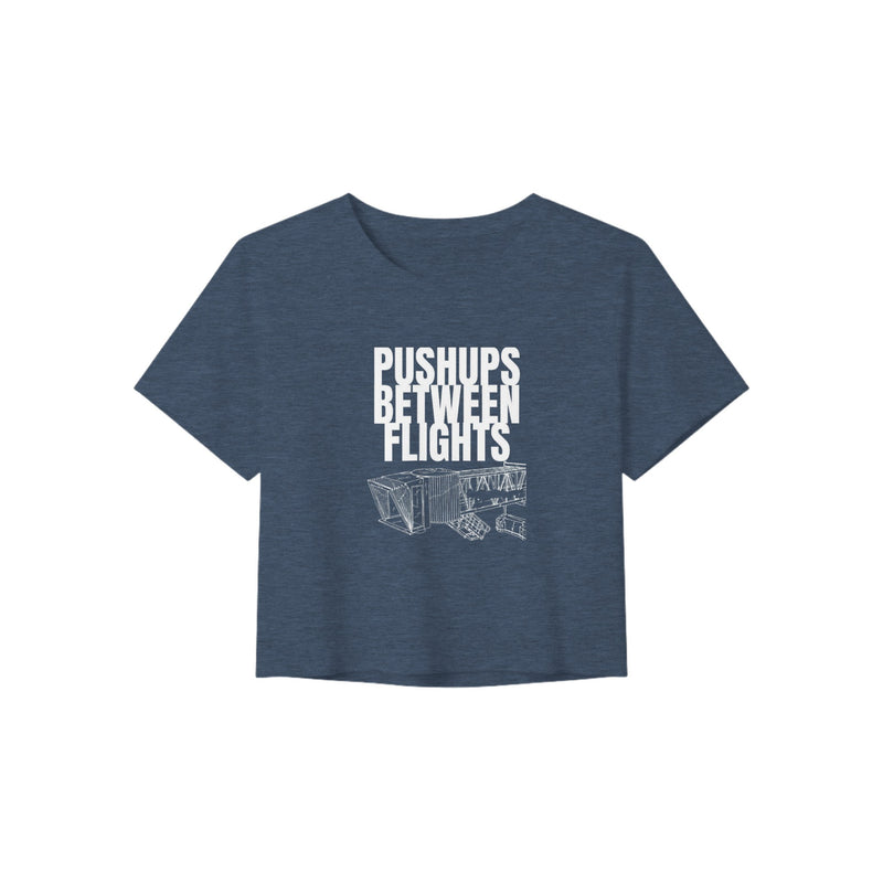 women's flowy travel crop tee with white Pushups Between Flights jet-bridge print, product view 4