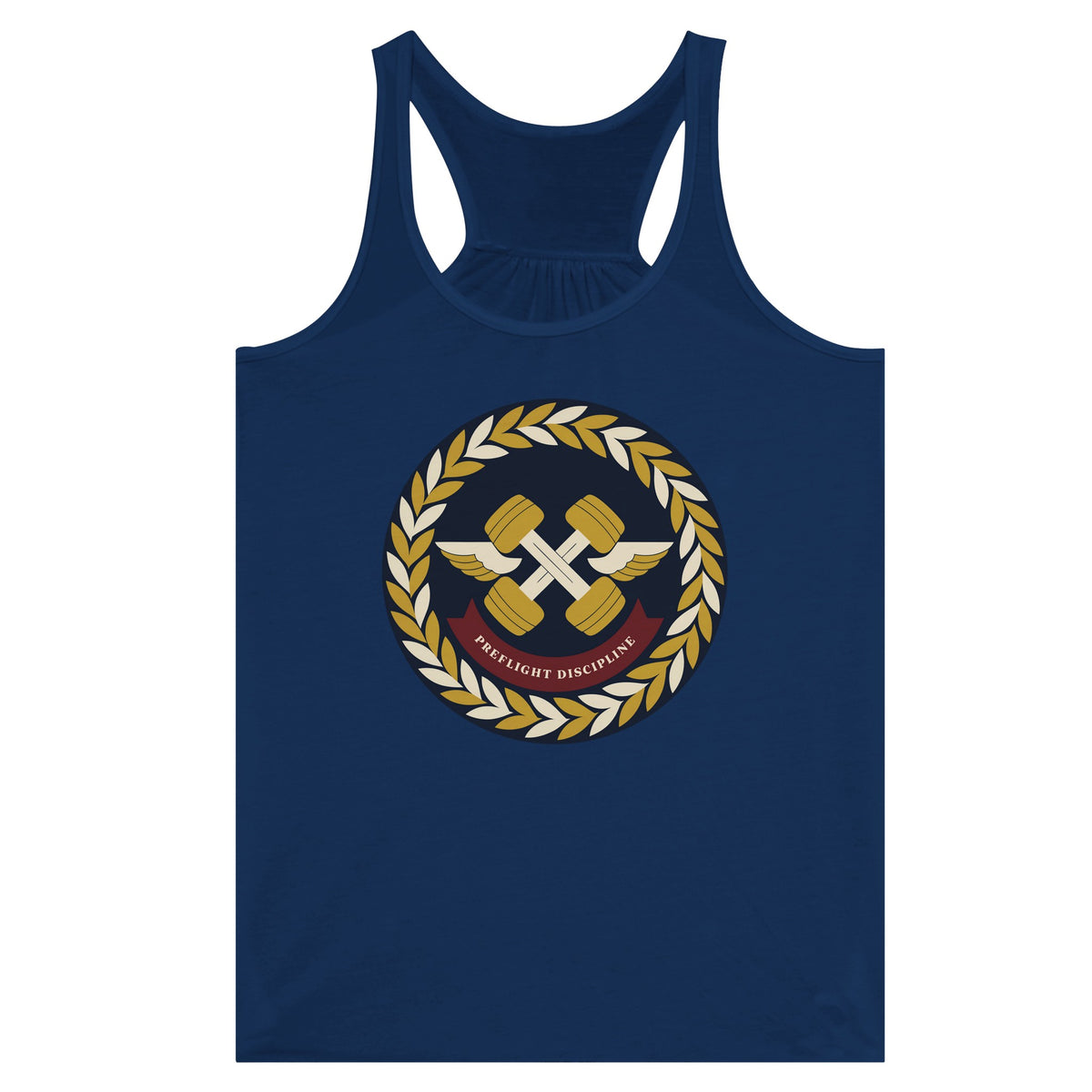 Preflight Discipline women's racerback tank for travelling professionals, printed with a laurel-wreath crest with crossed dumbbells, aviator wings and a PREFLIGHT DISCIPLINE banner — product photo 12 of 13