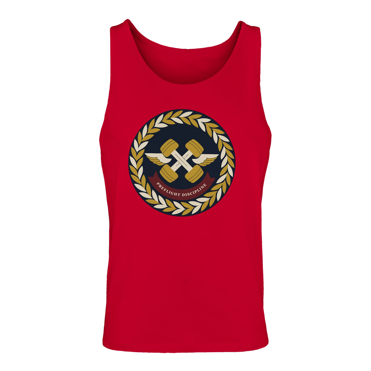 Preflight Discipline unisex tank top for travelling professionals, printed with a laurel-wreath crest with crossed dumbbells, aviator wings and a PREFLIGHT DISCIPLINE banner — product photo 15 of 18