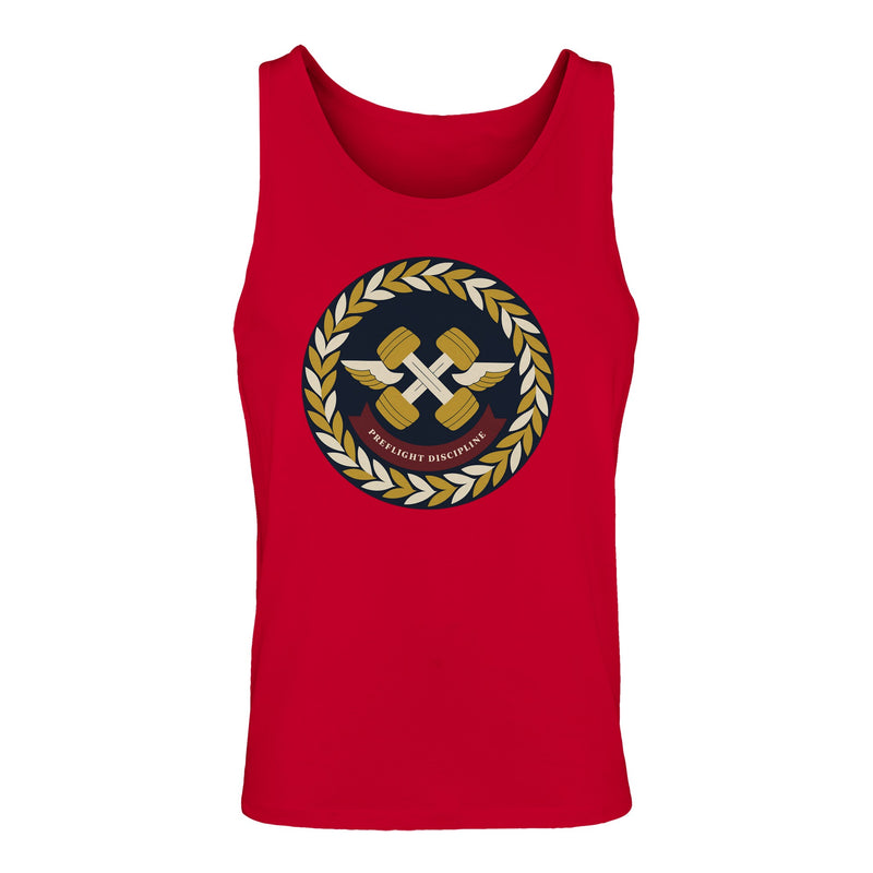 Preflight Discipline unisex tank top for travelling professionals, printed with a laurel-wreath crest with crossed dumbbells, aviator wings and a PREFLIGHT DISCIPLINE banner — product photo 15 of 18