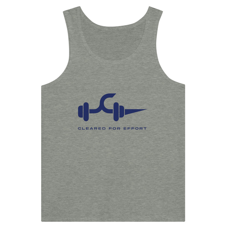 Cleared for Effort travel tank top, dumbbell and flight-path graphic, front view