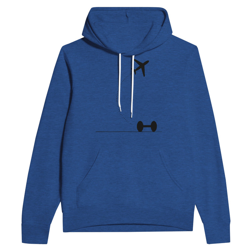 Heather True Royal Hotel Key, Fitness Key travel hoodie, flight-path dumbbell design