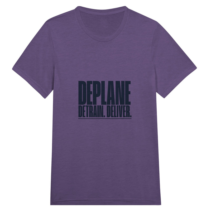 Deplane. Detrain. Deliver. travel tee, Dumbbells and Hotels, colorway flat lay
