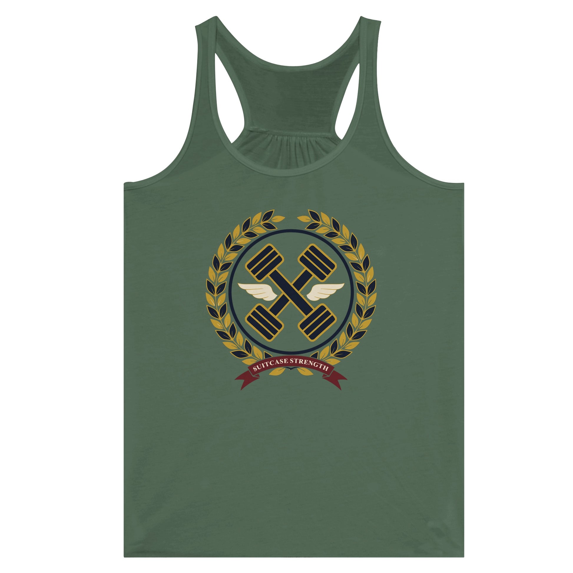 Suitcase Strength women's flowy racerback tank for travelling professionals, printed with a gold laurel-wreath crest with navy crossed dumbbells, cream aviator wings and a SUITCASE STRENGTH ribbon — product photo 8 of 13