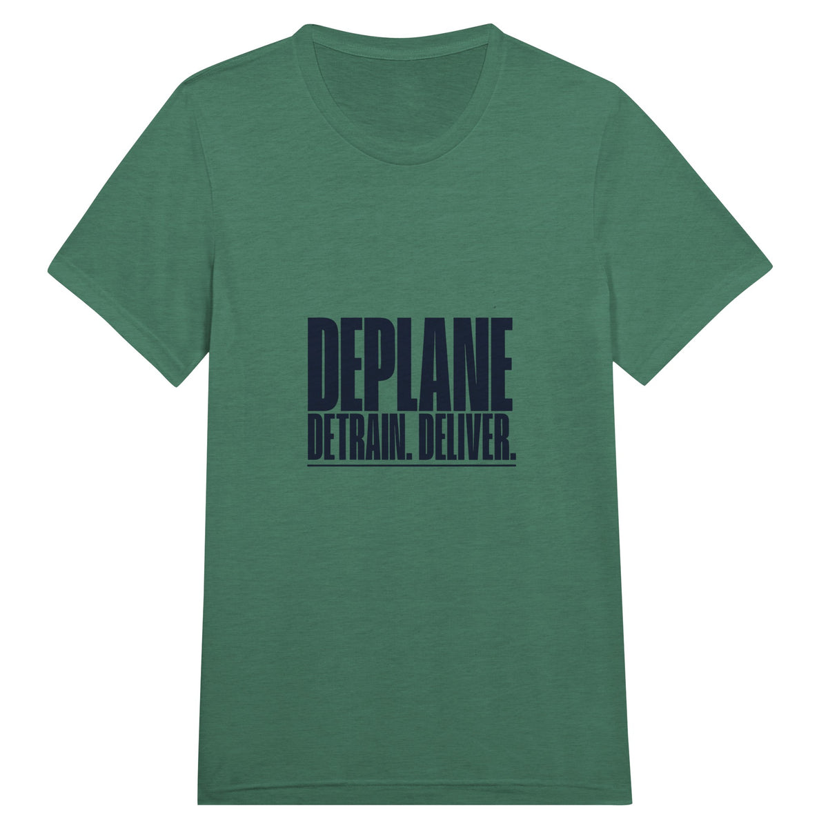 Deplane. Detrain. Deliver. travel tee, Dumbbells and Hotels, colorway flat lay