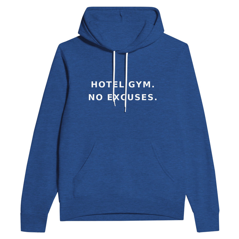 unisex midweight travel hoodie with white Hotel Gym. No Excuses. statement print