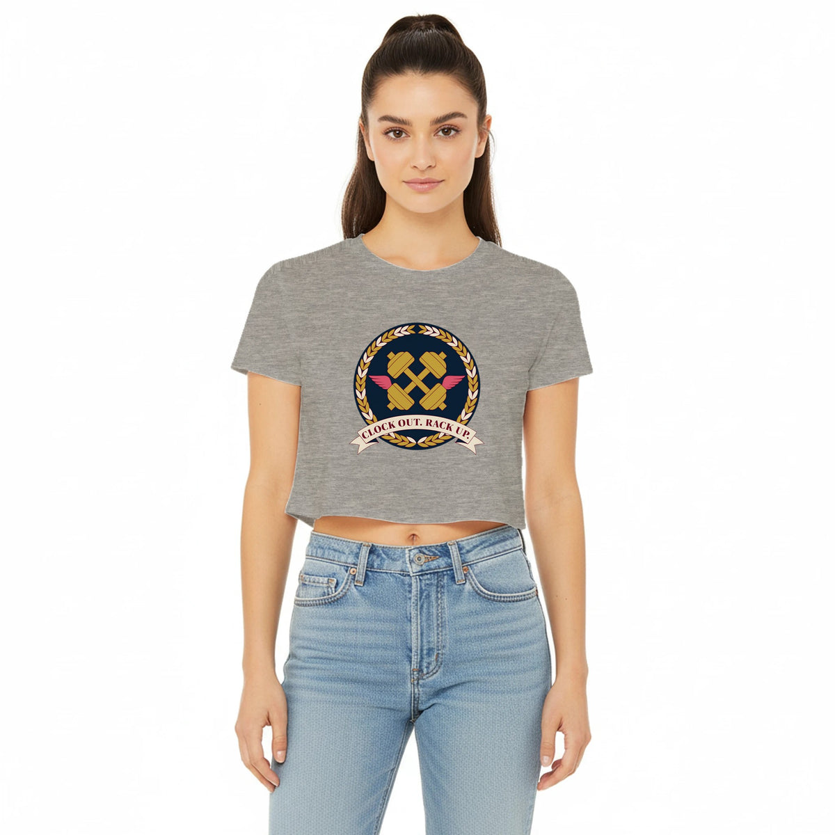 Clock Out. Rack Up. crest design on a Dumbbells and Hotels women's crop tee