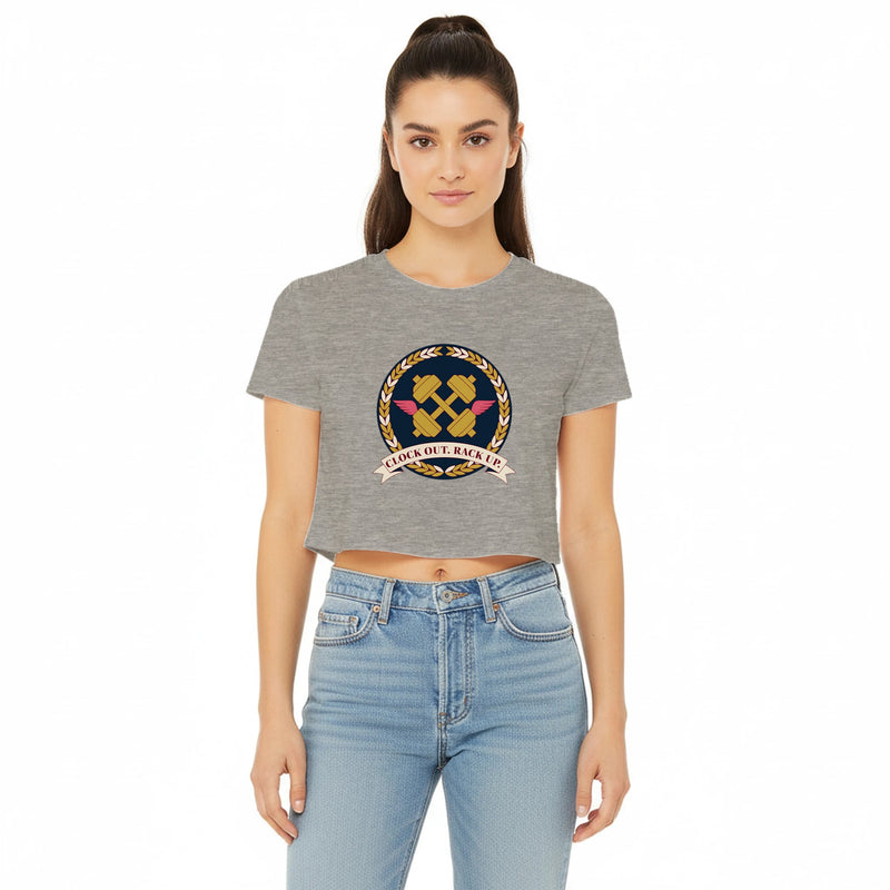 Clock Out. Rack Up. crest design on a Dumbbells and Hotels women's crop tee