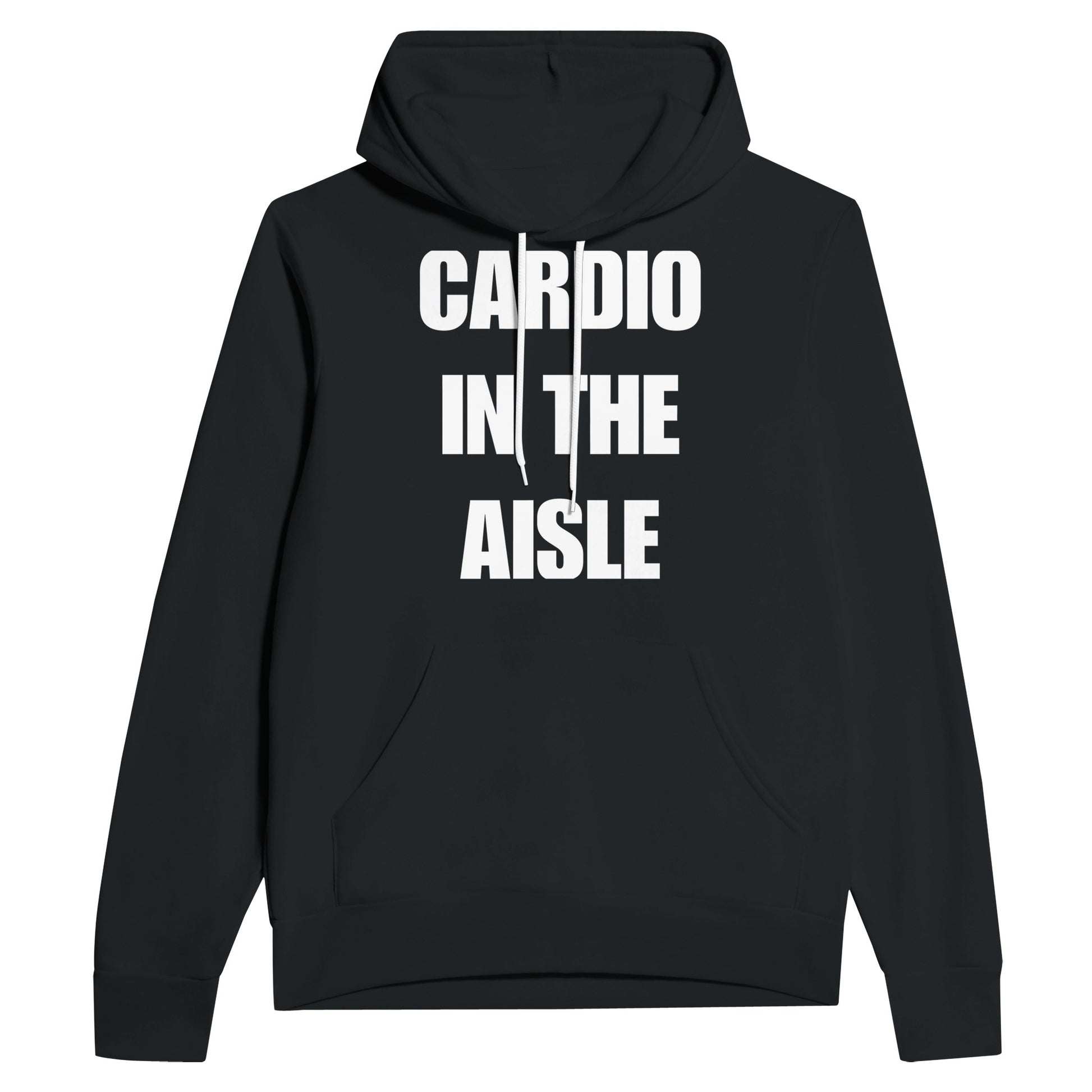 midweight travel hoodie with white Cardio in the Aisle statement print, product view 5