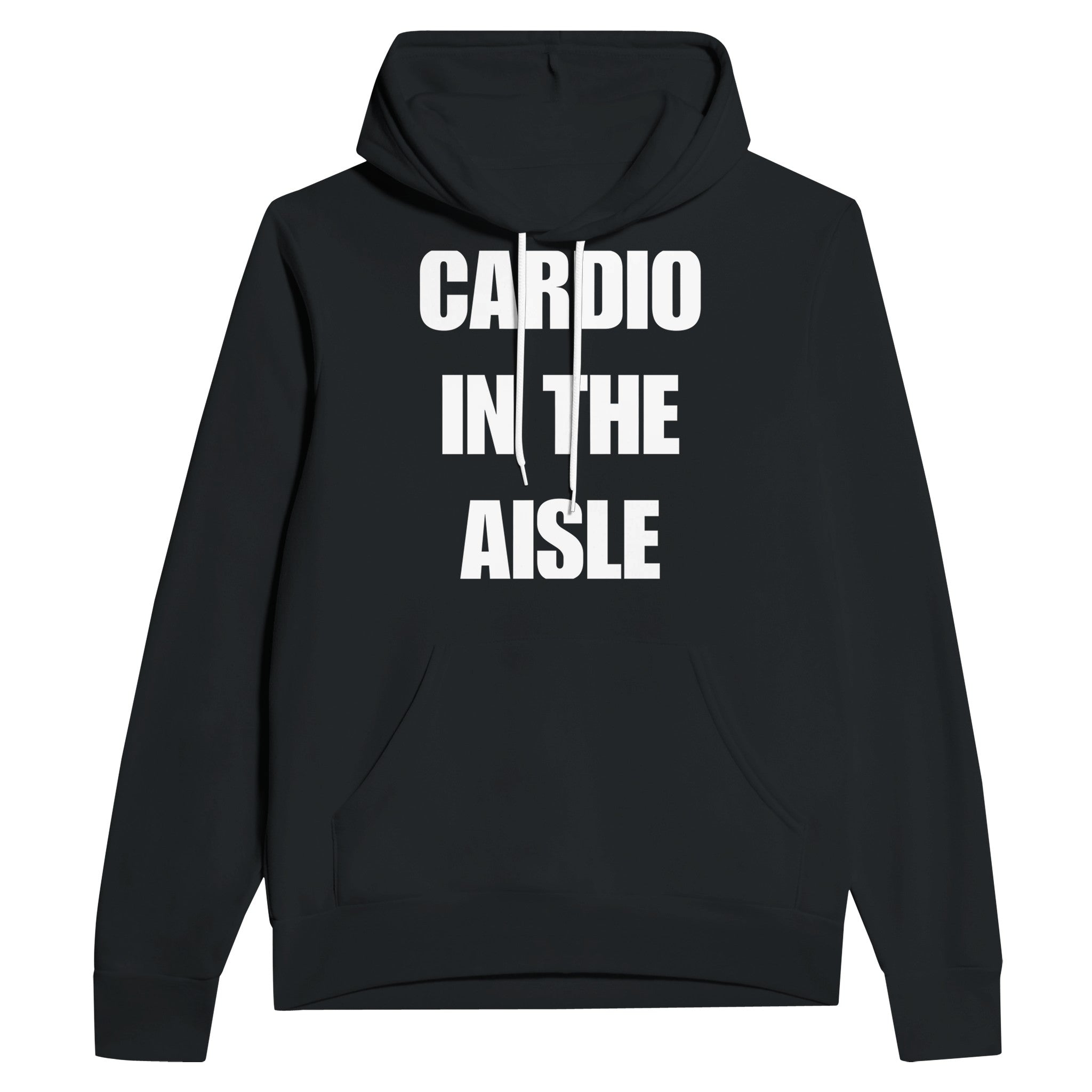 midweight travel hoodie with white Cardio in the Aisle statement print, product view 5