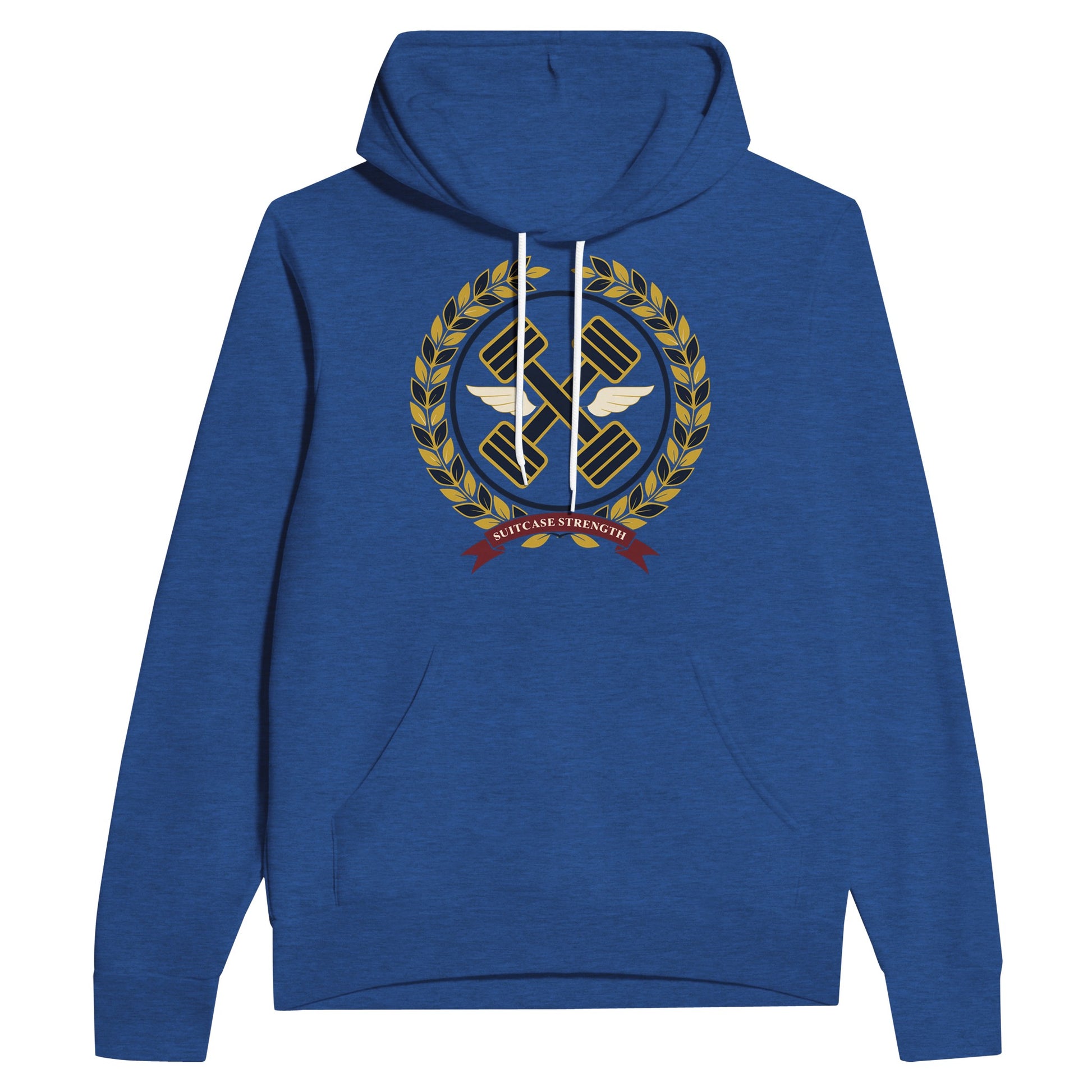 Suitcase Strength unisex pullover hoodie for travelling professionals, printed with a gold laurel-wreath crest with navy crossed dumbbells, cream aviator wings and a SUITCASE STRENGTH ribbon — product photo 2 of 12