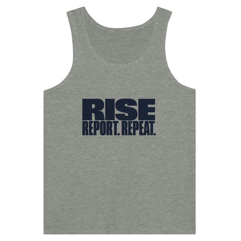 Rise. Report. Repeat. Tank | Dumbbells & Hotels - Rise. Report. Repeat. design, tank product photo