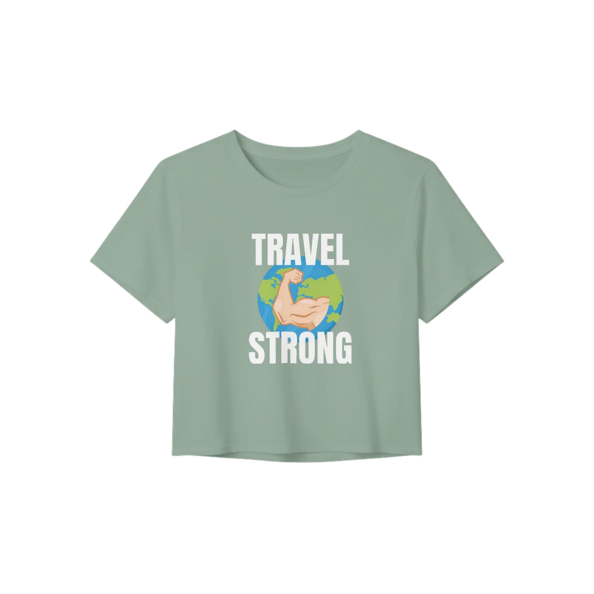 Travel Strong women's crop tee by Dumbbells & Hotels - lifestyle shot