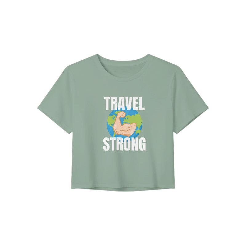 Travel Strong women's crop tee by Dumbbells & Hotels - lifestyle shot
