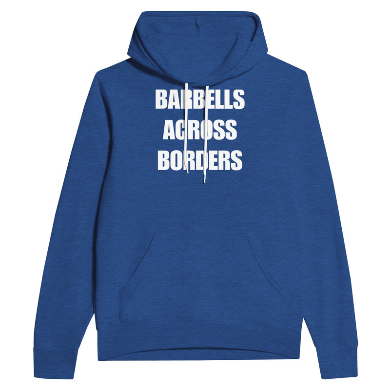 Barbells Across Borders travel hoodie — road warrior training in the hotel gym | Dumbbells & Hotels