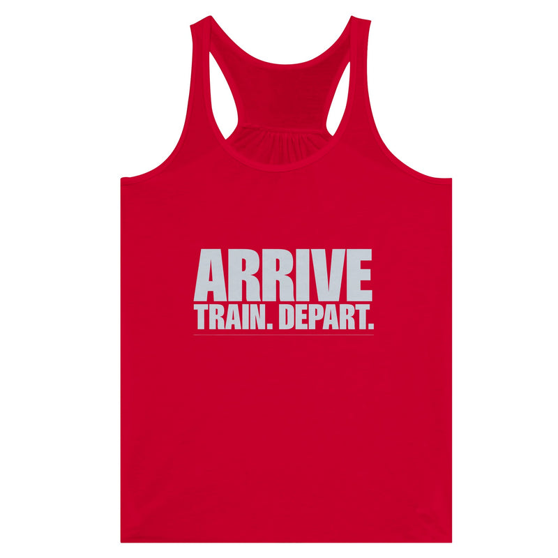 Arrive. Train. Depart. Racerback | Dumbbells & Hotels - Arrive. Train. Depart. design, racerback product photo