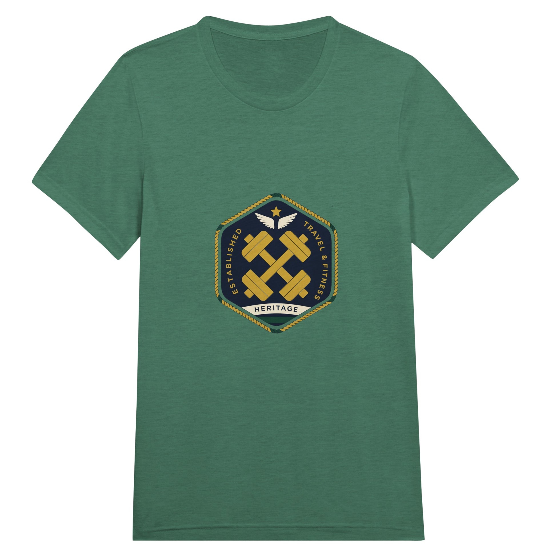 Heritage Standard crest-emblem travel tee, Dumbbells & Hotels road warrior apparel