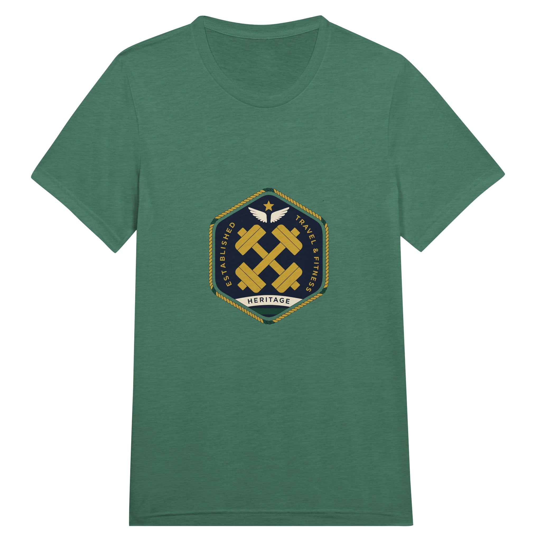 Heritage Standard crest-emblem travel tee, Dumbbells & Hotels road warrior apparel