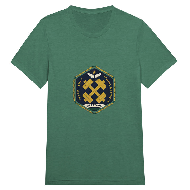 Heritage Standard crest-emblem travel tee, Dumbbells & Hotels road warrior apparel