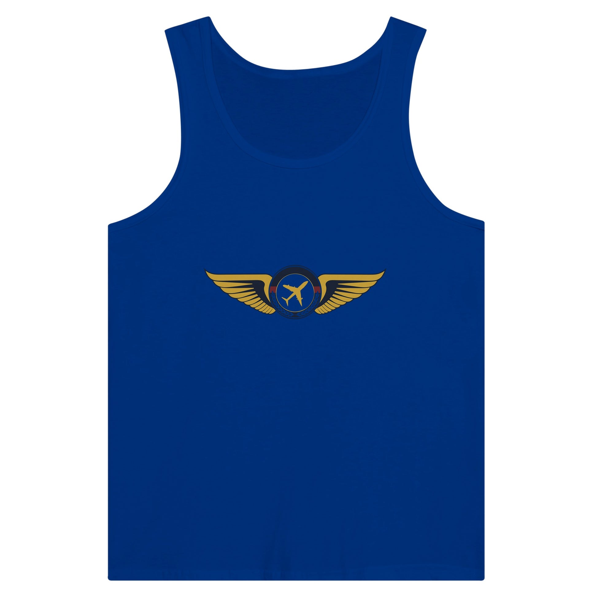 Aviator Wings unisex premium travel tank top, flat lay 4 — Dumbbells & Hotels
