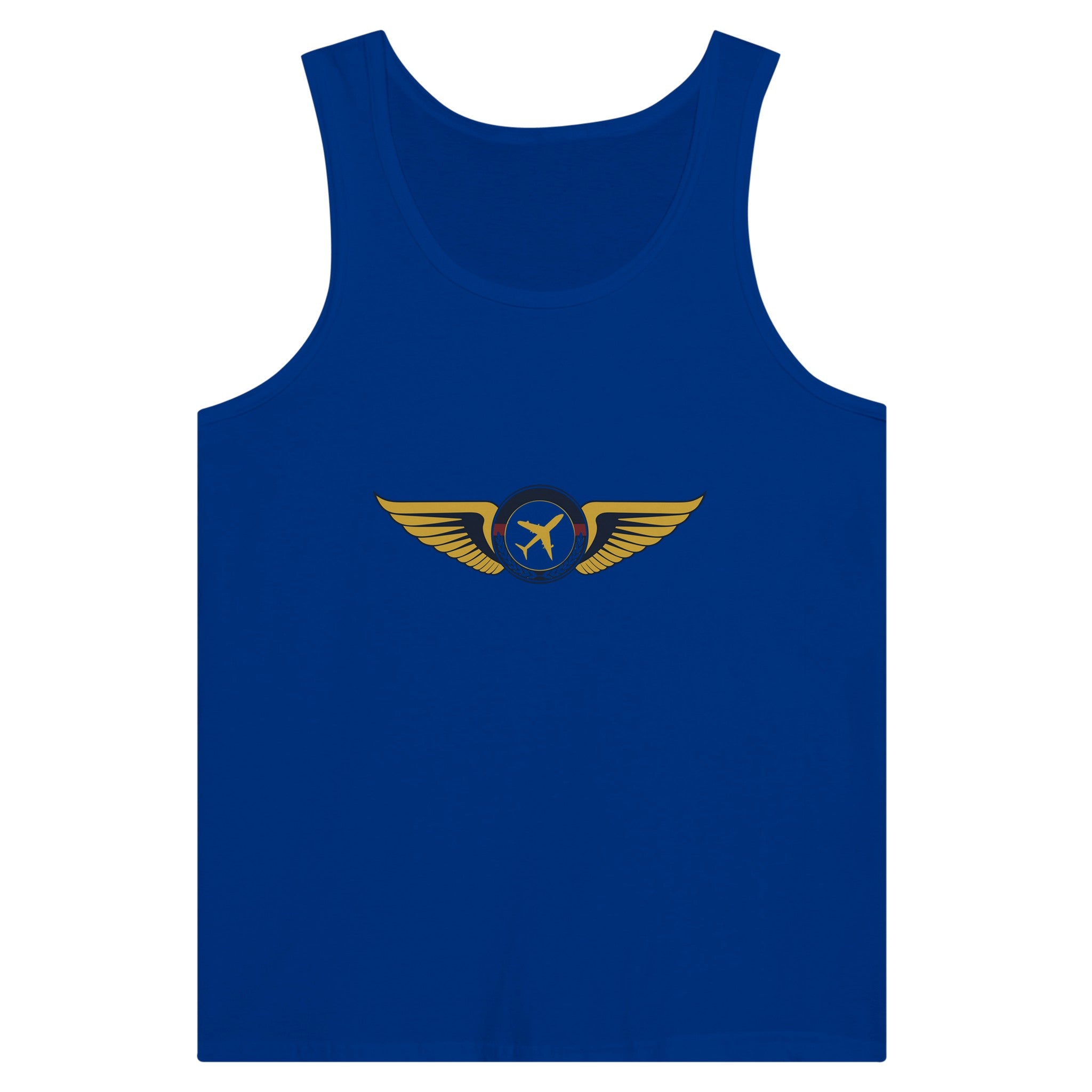 Aviator Wings unisex premium travel tank top, flat lay 4 — Dumbbells & Hotels