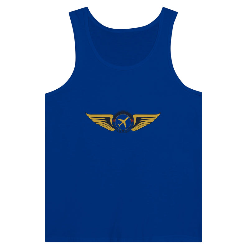 Aviator Wings unisex premium travel tank top, flat lay 4 — Dumbbells & Hotels