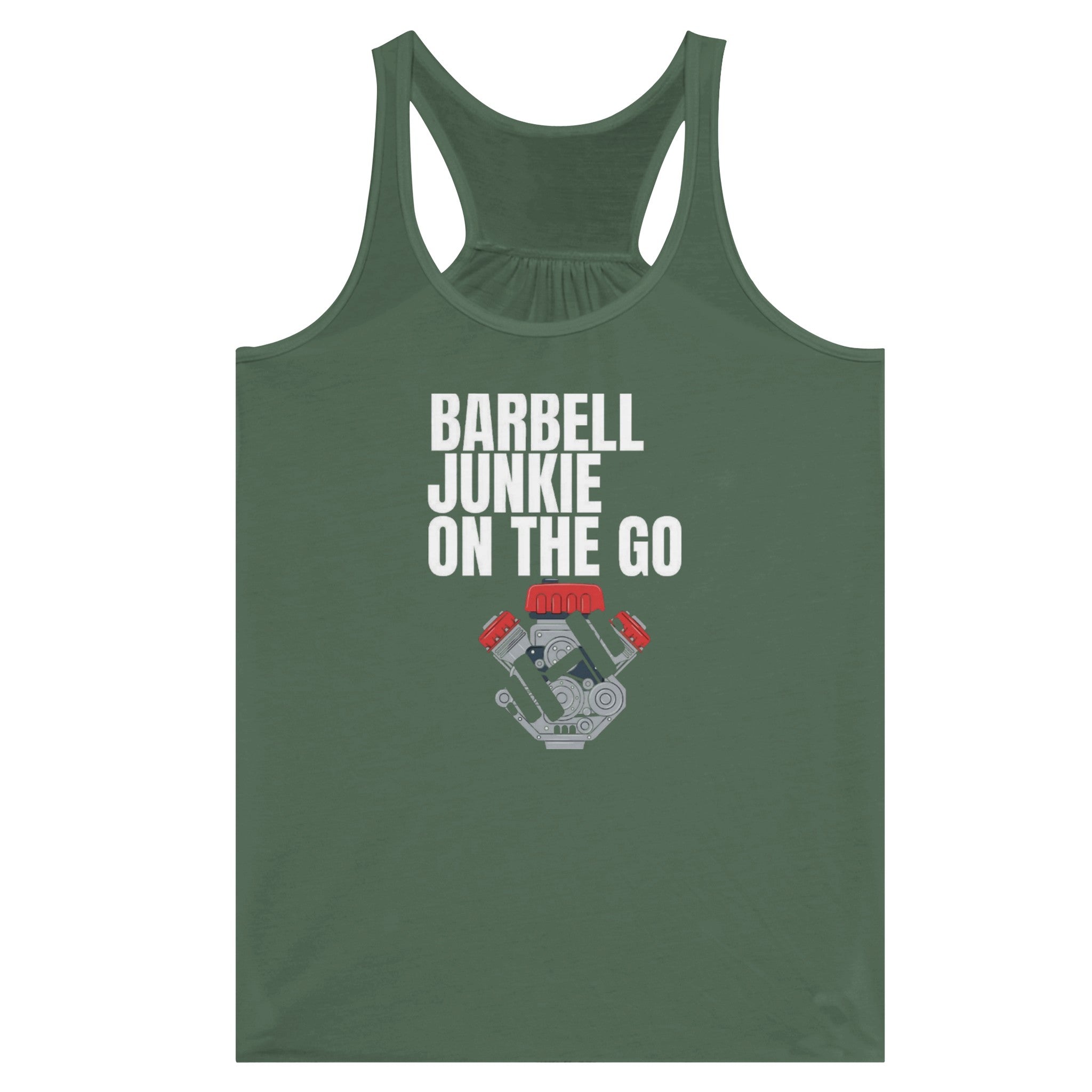 Barbell Junkie on the Go women's travel racerback tank by Dumbbells & Hotels — road warrior gym apparel