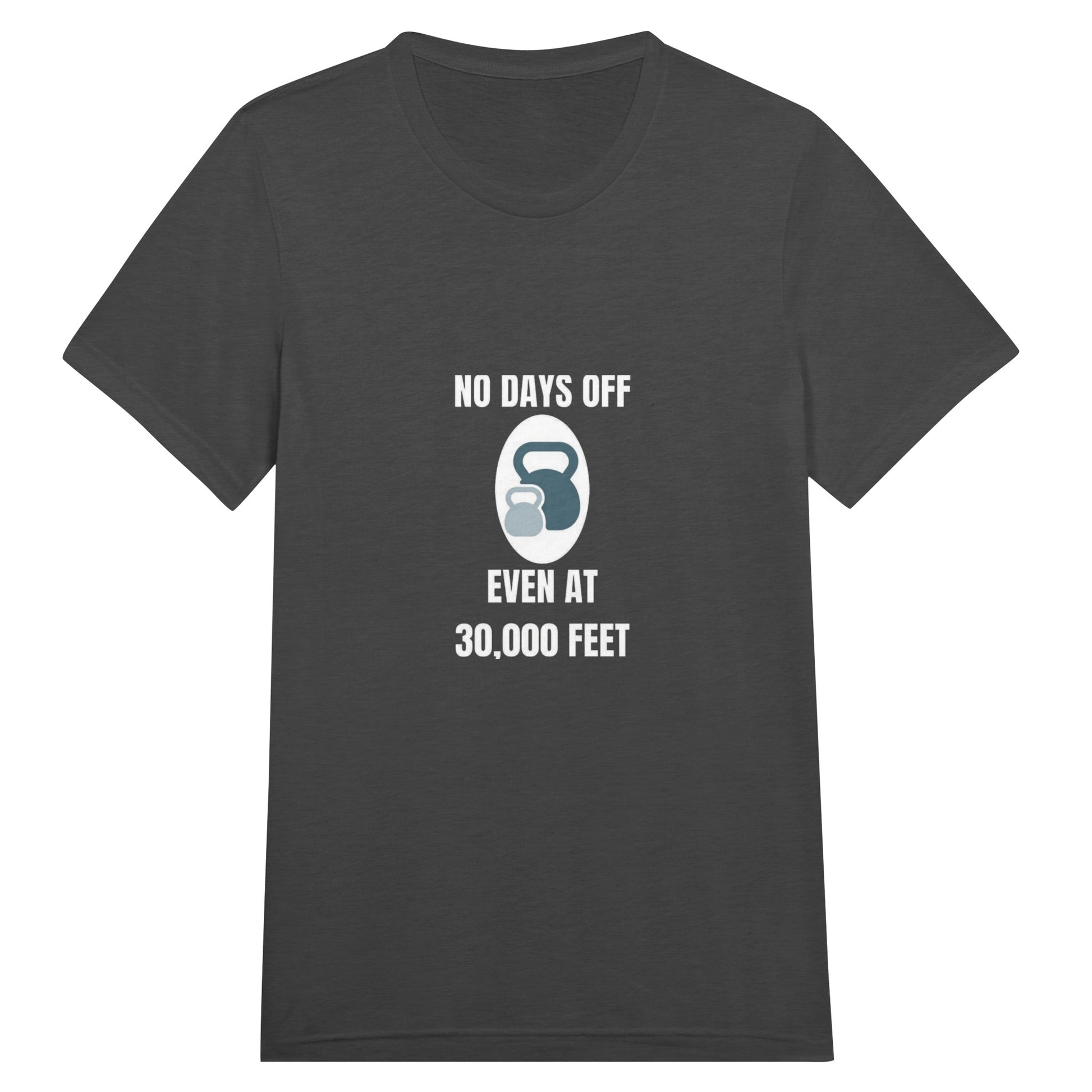 No Days Off Even at 30,000 Feet unisex triblend tee in Triblend Charcoal Black — packable travel training apparel from Dumbbells & Hotels