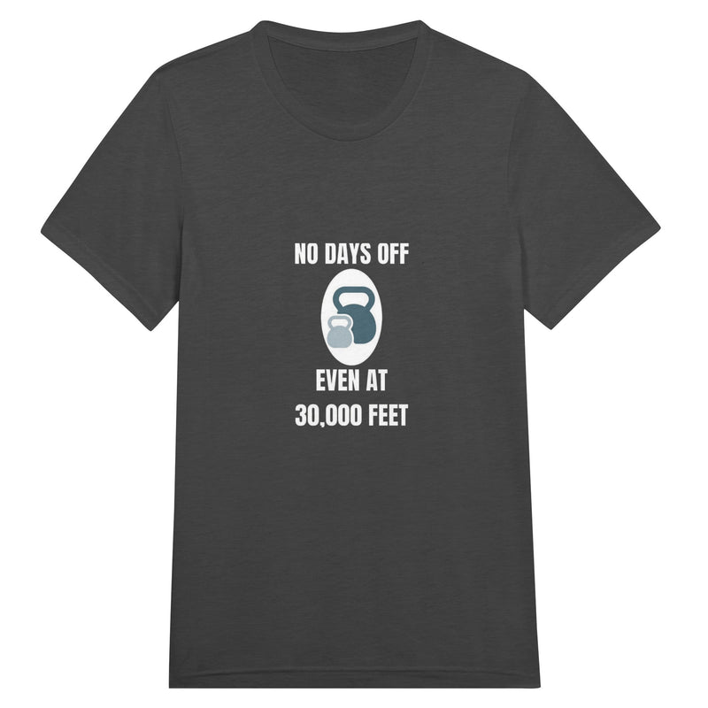 No Days Off Even at 30,000 Feet unisex triblend tee in Triblend Charcoal Black — packable travel training apparel from Dumbbells & Hotels