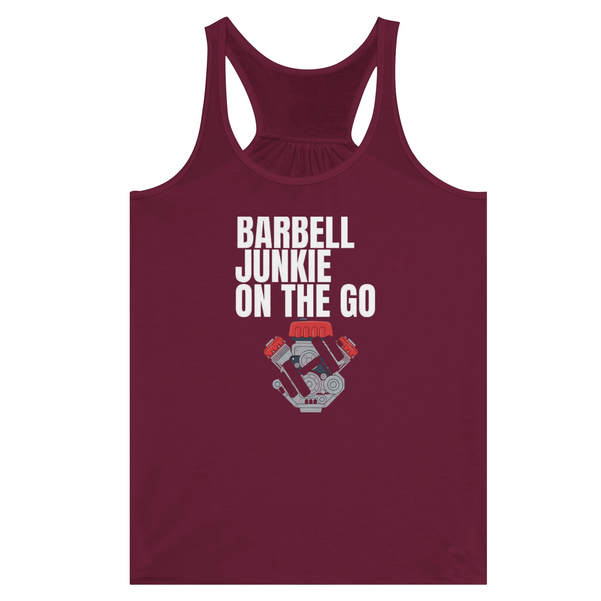 Barbell Junkie on the Go women's travel racerback tank by Dumbbells & Hotels — road warrior gym apparel