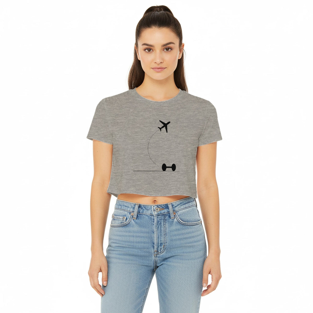 On-model view of the Hotel Key, Fitness Key cropped tee, flight-path dumbbell print