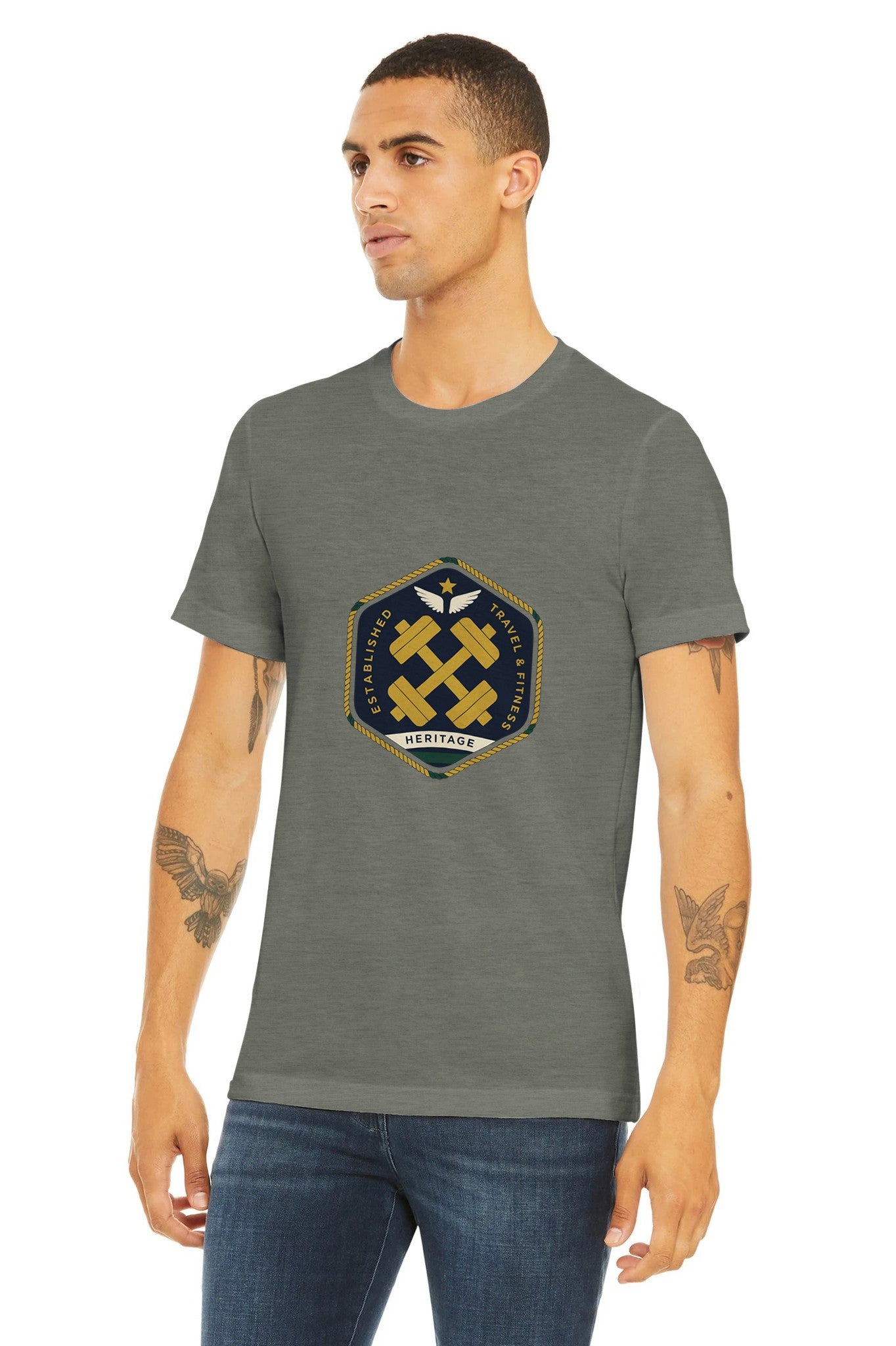 Heritage Standard crest-emblem travel tee, Dumbbells & Hotels road warrior apparel