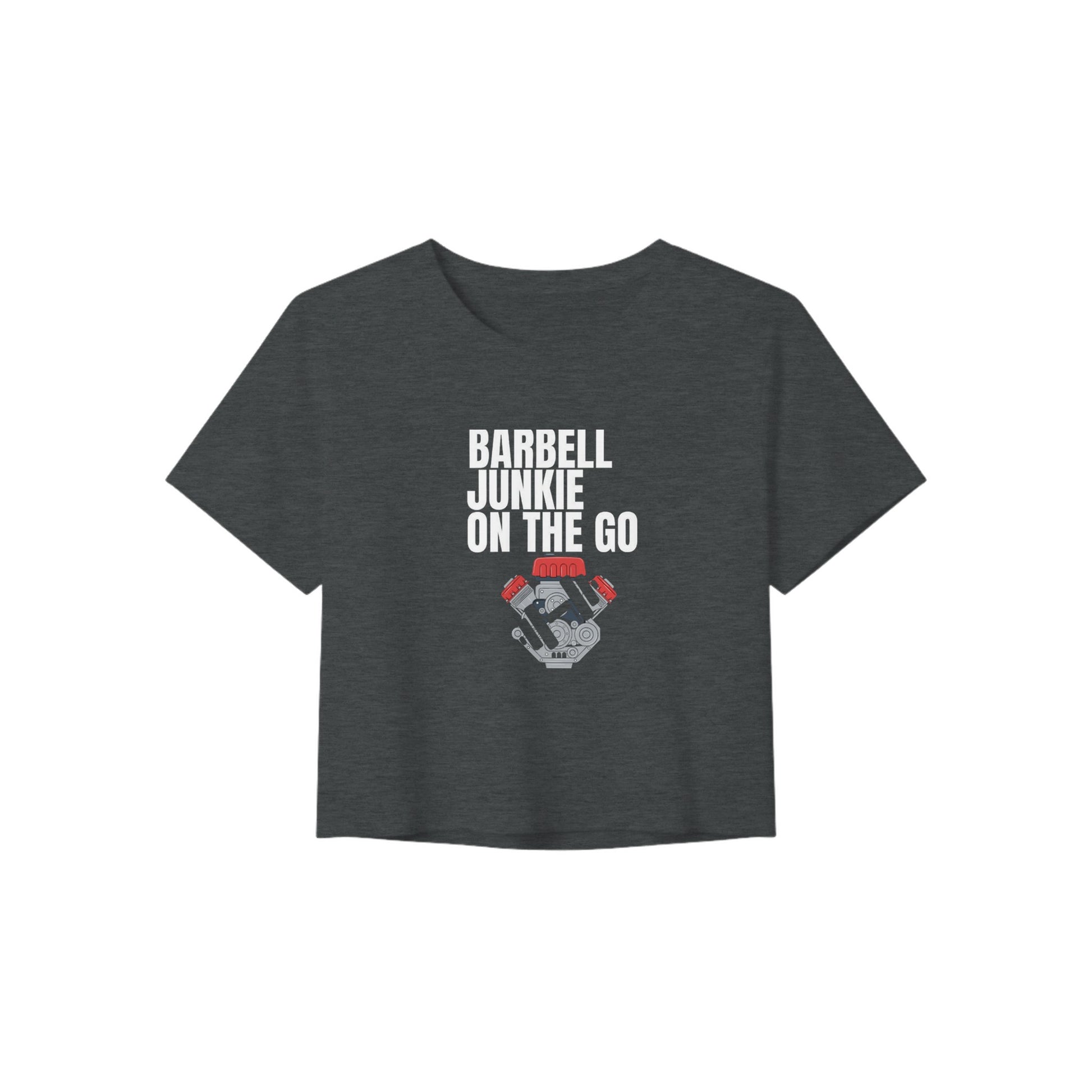 Barbell Junkie on the Go women's crop tee by Dumbbells & Hotels — road warrior gym apparel